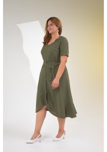 Kadın Büyük Beden Kemerli-Volanlı Haki Elbise