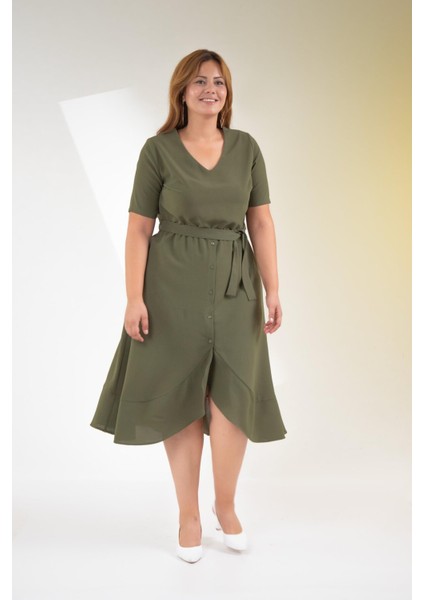 Kadın Büyük Beden Kemerli-Volanlı Haki Elbise