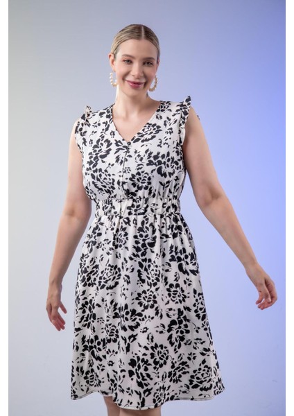 Kadın Büyük Beden Beli Lastikli V Yaka Beyaz Elbise modelleri