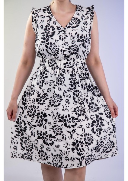 Kadın Büyük Beden Beli Lastikli V Yaka Beyaz Elbise