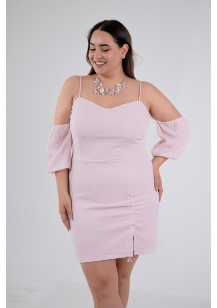 Kadın Büyük Beden Yaka- Kol Detaylı Pudra Elbise