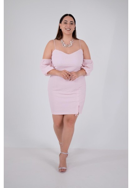 Kadın Büyük Beden Yaka- Kol Detaylı Pudra Elbise fiyatları