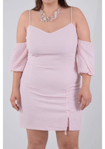 Kadın Büyük Beden Yaka- Kol Detaylı Pudra Elbise modelleri