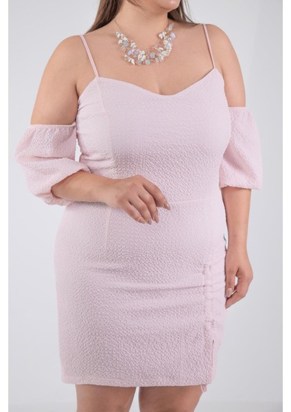 Kadın Büyük Beden Yaka- Kol Detaylı Pudra Elbise fırsatları