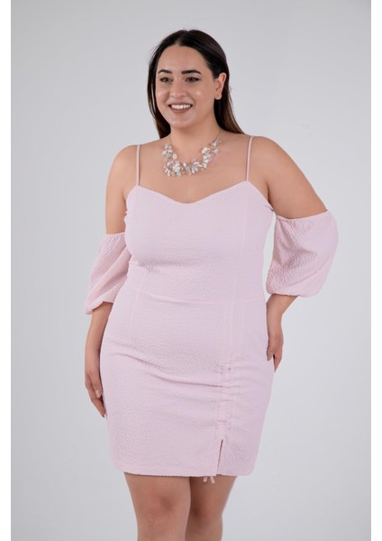 Kadın Büyük Beden Yaka- Kol Detaylı Pudra Elbise indirimleri