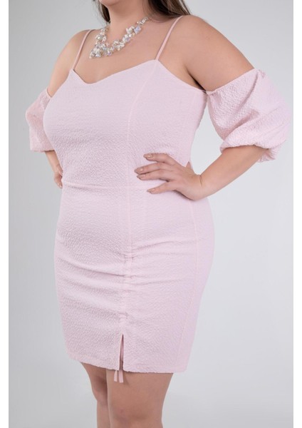 Kadın Büyük Beden Yaka- Kol Detaylı Pudra Elbise