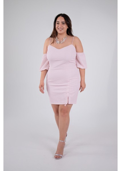 Kadın Büyük Beden Yaka- Kol Detaylı Pudra Elbise