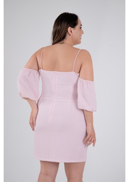 Kadın Büyük Beden Yaka- Kol Detaylı Pudra Elbise