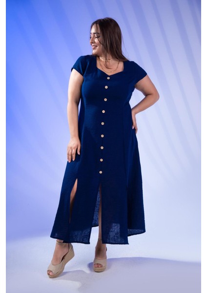 Kadın 111975 Büyük Beden Düğmeli Yırtmaçlı Elbise Lacivert Siyah fiyatları
