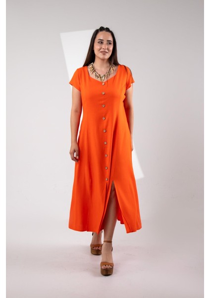 Kadın 111975 Büyük Beden Düğmeli Yırtmaçlı Elbise Turuncu Siyah modelleri