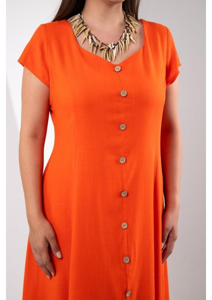 Kadın 111975 Büyük Beden Düğmeli Yırtmaçlı Elbise Turuncu Siyah indirimleri