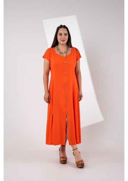 Kadın 111975 Büyük Beden Düğmeli Yırtmaçlı Elbise Turuncu Siyah