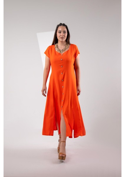 Kadın 111975 Büyük Beden Düğmeli Yırtmaçlı Elbise Turuncu Siyah