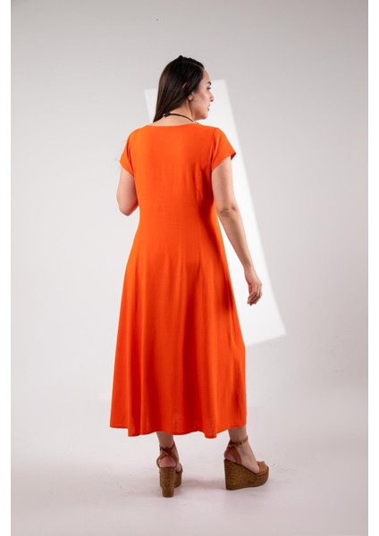 Kadın 111975 Büyük Beden Düğmeli Yırtmaçlı Elbise Turuncu Siyah