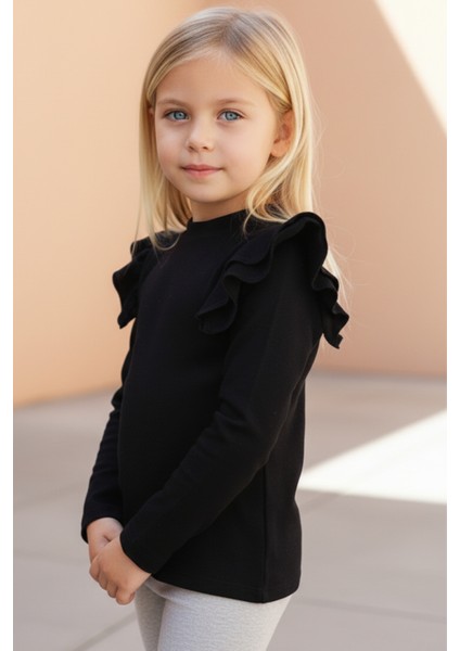 Kız Çocuk Siyah Omuz Fırfırlı Bisiklet Yaka Body Sweatshirt
