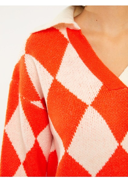 Yeni Sezon Polo Yaka Baklava Desenli Kadın Triko Kazak fırsatları