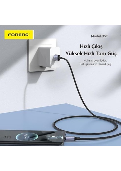 X95 3A USB To Şarj Kablosu Ip Örgülü 1,2m Siyah modelleri