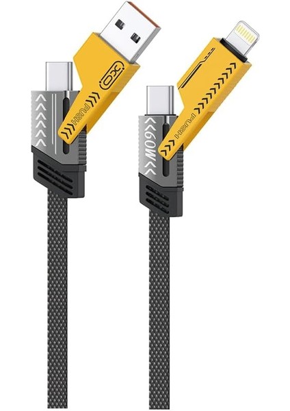 Xo Is Beauty 60W Hızlı Şarj Kablosu 4ü1 Arada, NB283, 1 Metre, 2 Type-C, Usb-A, Lightning, Örgü Dayanıklı Kablo, Siyah