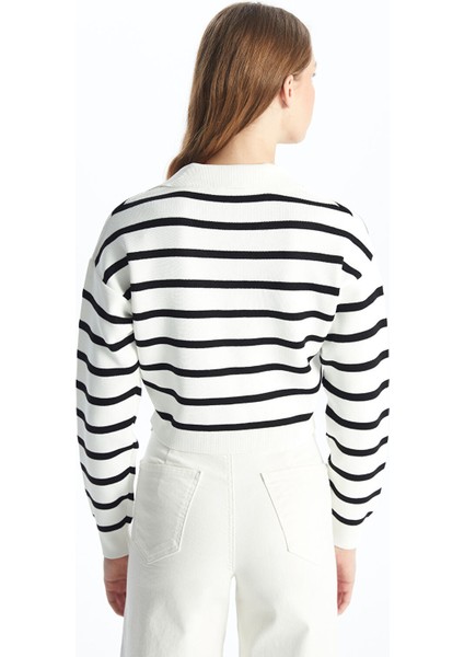 Yeni Sezon Polo Yaka Çizgili Uzun Kollu Crop Kadın Triko Kazak fırsatları