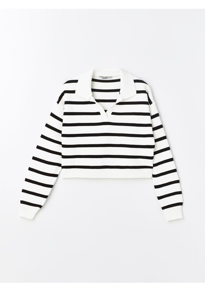 Yeni Sezon Polo Yaka Çizgili Uzun Kollu Crop Kadın Triko Kazak indirimleri
