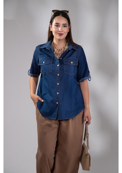Kadın 1112057 Büyük Beden Kol Apoletli Gömlek Lacivert