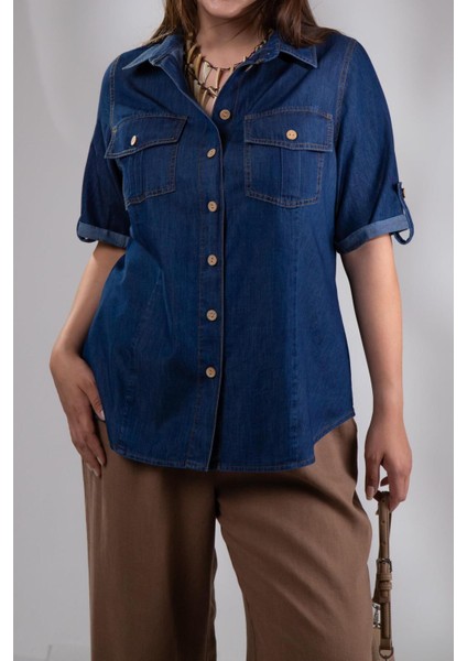 Kadın 1112057 Büyük Beden Kol Apoletli Gömlek Lacivert fırsatları