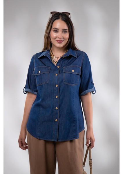 Kadın 1112057 Büyük Beden Kol Apoletli Gömlek Lacivert indirimleri