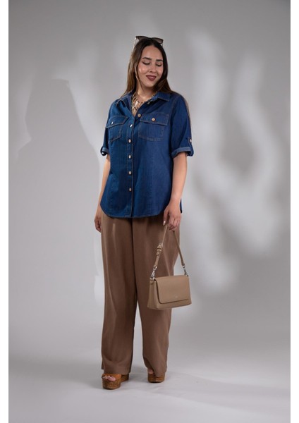 Kadın 1112057 Büyük Beden Kol Apoletli Gömlek Lacivert