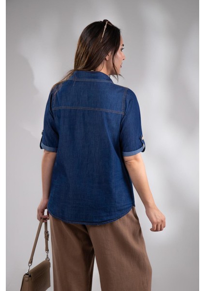 Kadın 1112057 Büyük Beden Kol Apoletli Gömlek Lacivert