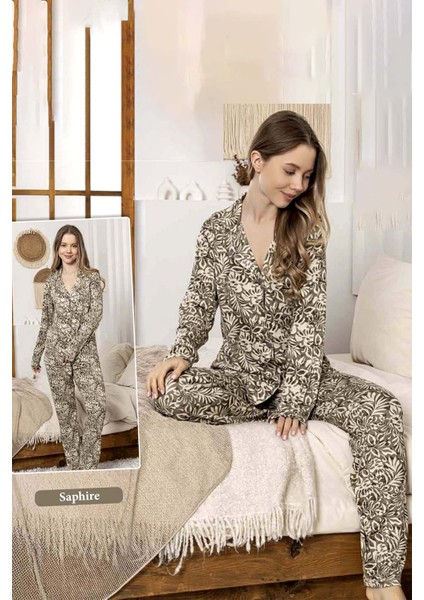Kadın Yaprak Desen Düğmeli Saphire Pijama Takımı 0386 Yeşil fırsatları