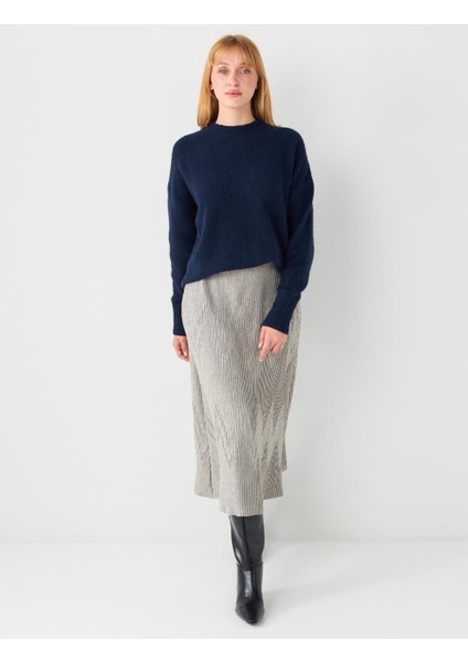 Bej Normal Bel Piliseli Yumuşak Dokulu Örme Midi Etek