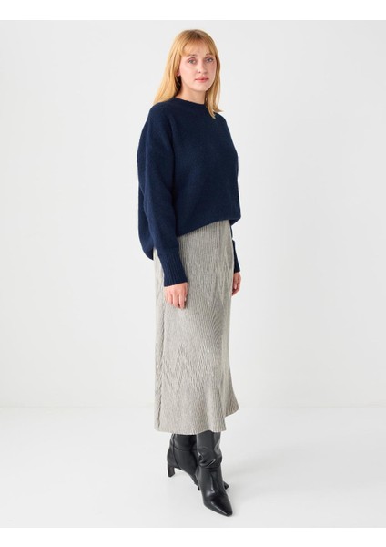 Bej Normal Bel Piliseli Yumuşak Dokulu Örme Midi Etek modelleri