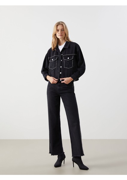 Yeni Sezon Gömlek Yaka Parlak Taşlı Kadın Jean Ceket fiyatları