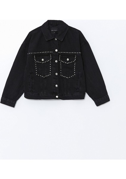 Yeni Sezon Gömlek Yaka Parlak Taşlı Kadın Jean Ceket indirimleri