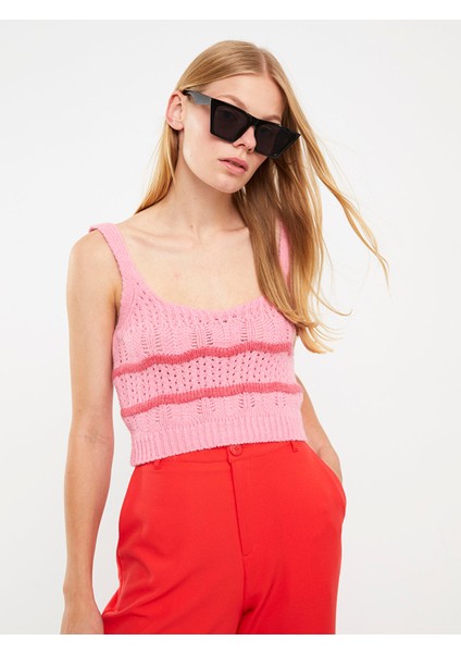 Yeni Sezon U Yaka Desenli Askılı Crop Kadın Triko Kazak