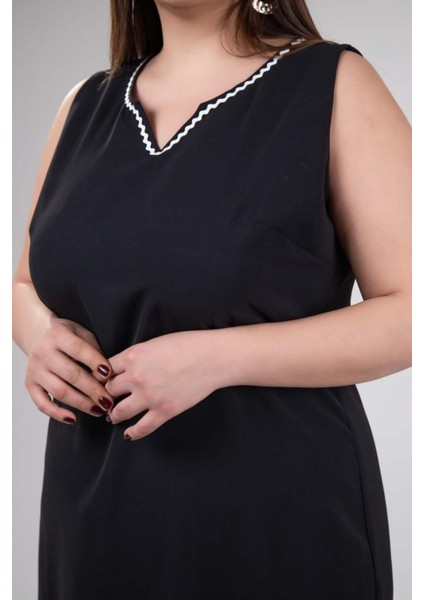Kadın Büyük Beden V Yaka Kolsuz Siyah Elbise fiyatları