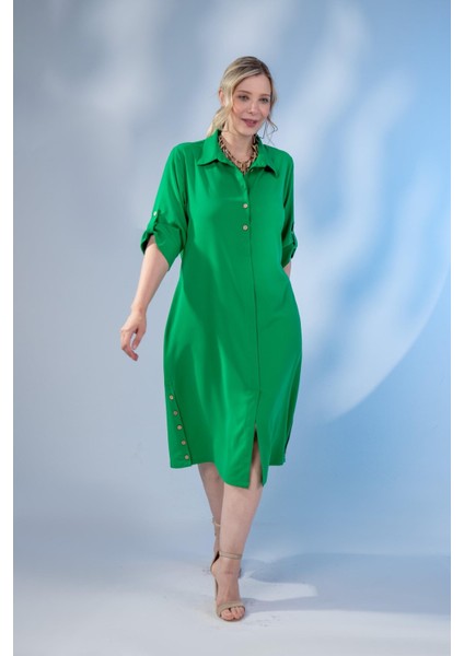 Kadın Büyük Beden Düğme Detaylı Yeşil Elbise