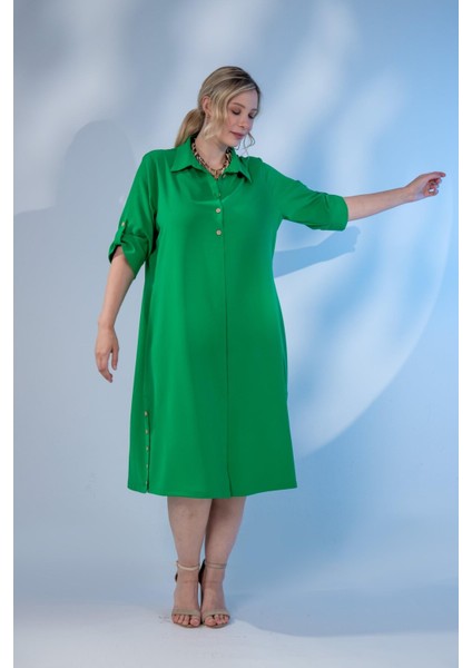 Kadın Büyük Beden Düğme Detaylı Yeşil Elbise fiyatları