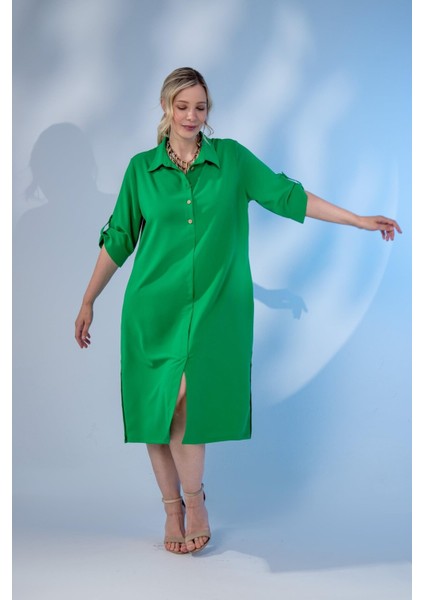 Kadın Büyük Beden Düğme Detaylı Yeşil Elbise modelleri