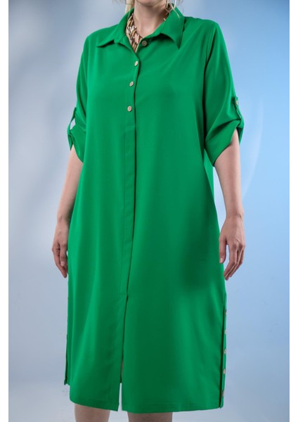 Kadın Büyük Beden Düğme Detaylı Yeşil Elbise indirimleri