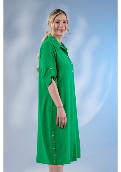 Kadın Büyük Beden Düğme Detaylı Yeşil Elbise