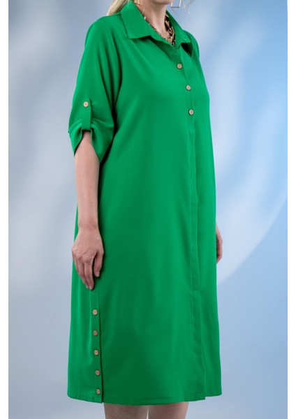 Kadın Büyük Beden Düğme Detaylı Yeşil Elbise