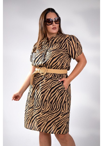 Kadın Büyük Beden Düğmeli Beli Lastikli Siyah-Hardal Elbise fırsatları