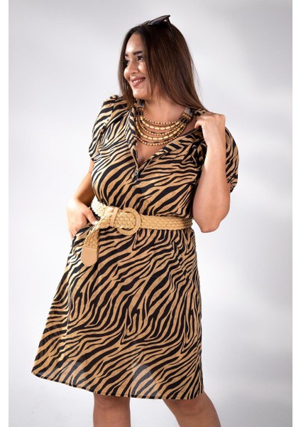 Kadın Büyük Beden Düğmeli Beli Lastikli Siyah-Hardal Elbise