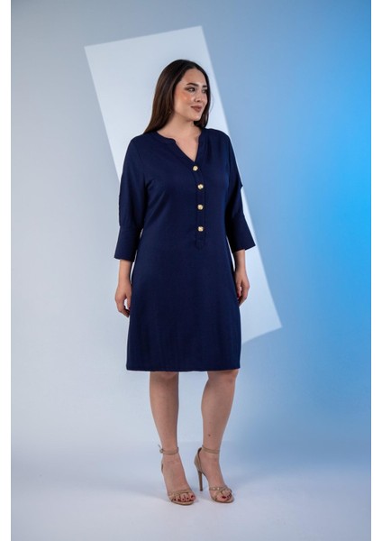 Kadın 3330450 Büyük Beden Kol Detaylı Lacivert Elbise