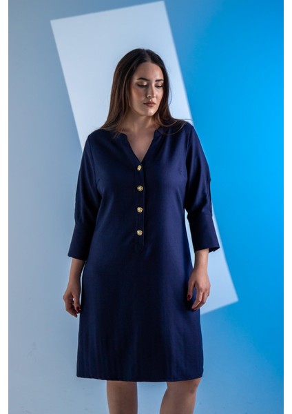 Kadın 3330450 Büyük Beden Kol Detaylı Lacivert Elbise modelleri