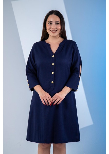 Kadın 3330450 Büyük Beden Kol Detaylı Lacivert Elbise fırsatları
