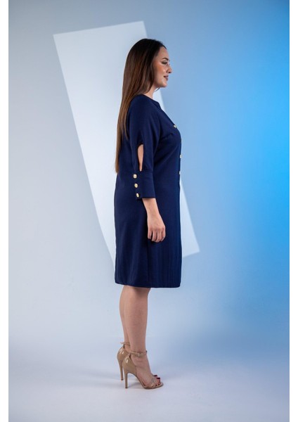 Kadın 3330450 Büyük Beden Kol Detaylı Lacivert Elbise