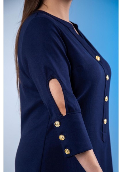 Kadın 3330450 Büyük Beden Kol Detaylı Lacivert Elbise