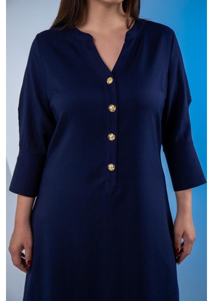 Kadın 3330450 Büyük Beden Kol Detaylı Lacivert Elbise